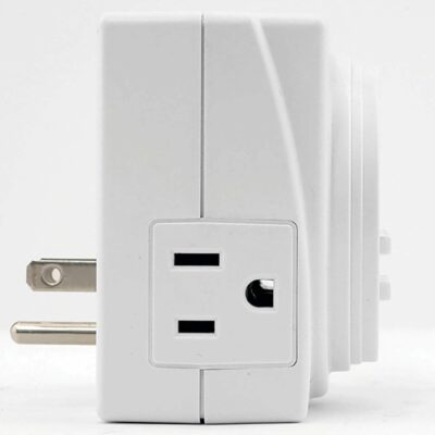Digital plug in timer with 2 grounded outlets side view